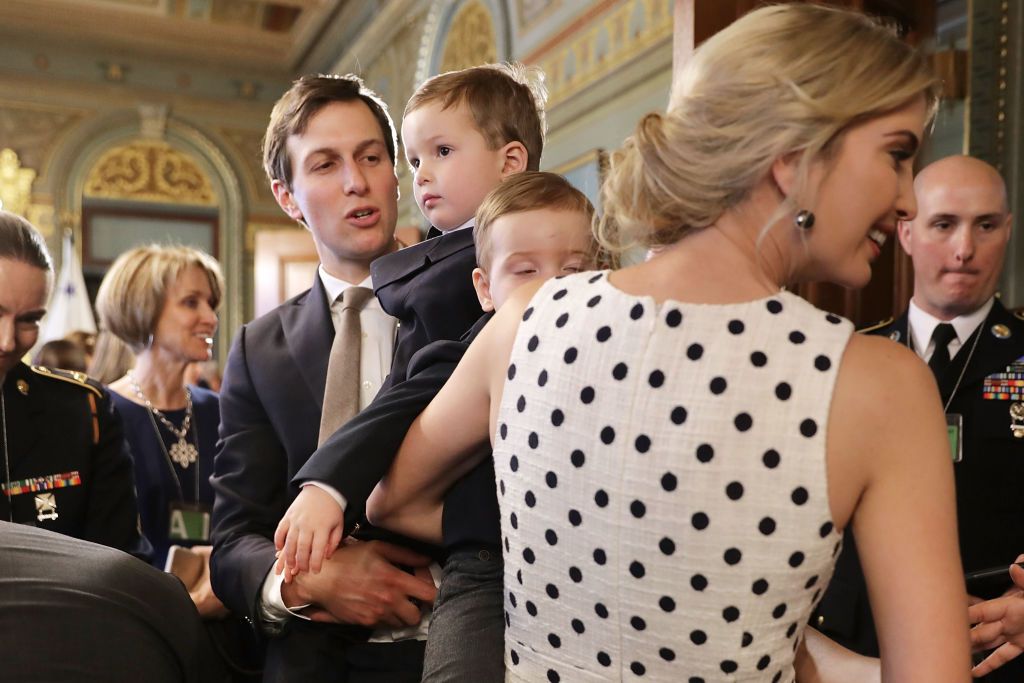 Ivanka Trump (right), Jared Kushner, White House senior advisor to the president for strategic planning, and two of their children greet members of the armed forces and their families during an event celebrating National Military Appreciation Month and National Military Spouse Appreciation Day in the Eisenhower Executive Office Building on May 9, 2017.